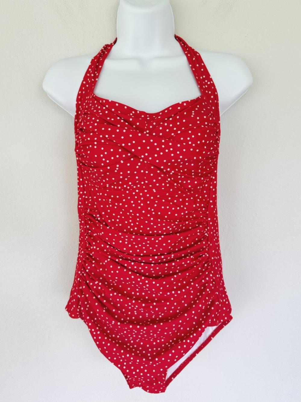 Red and white polka dot ruched twist front halter one piece bathing suit medium